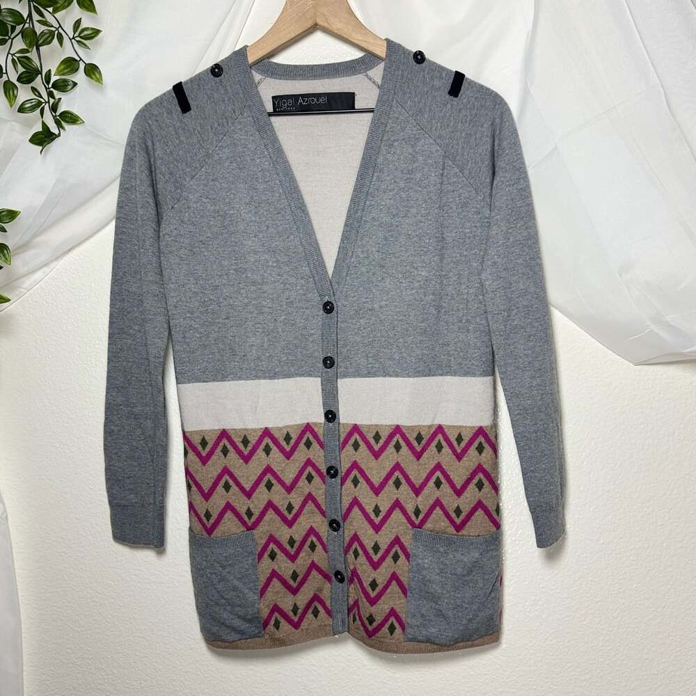 Yigal Azrouel 100% Wool Cardigan Sweater Gray Chevron